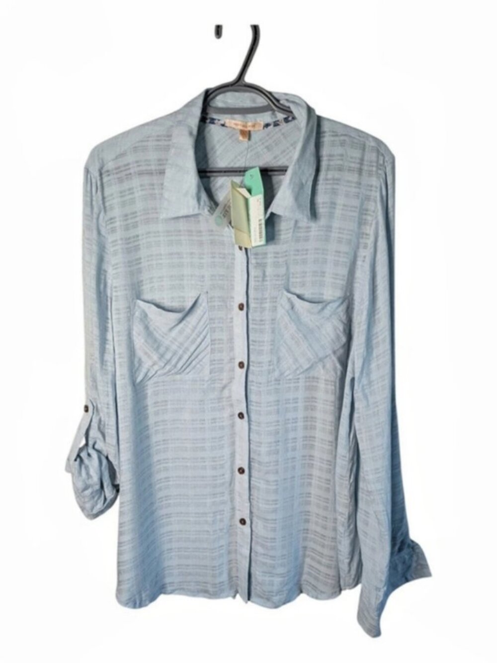 NWT Skies are Blue Light Blue Textured Roll-Tab Button Down Blouse Shirt Size XL